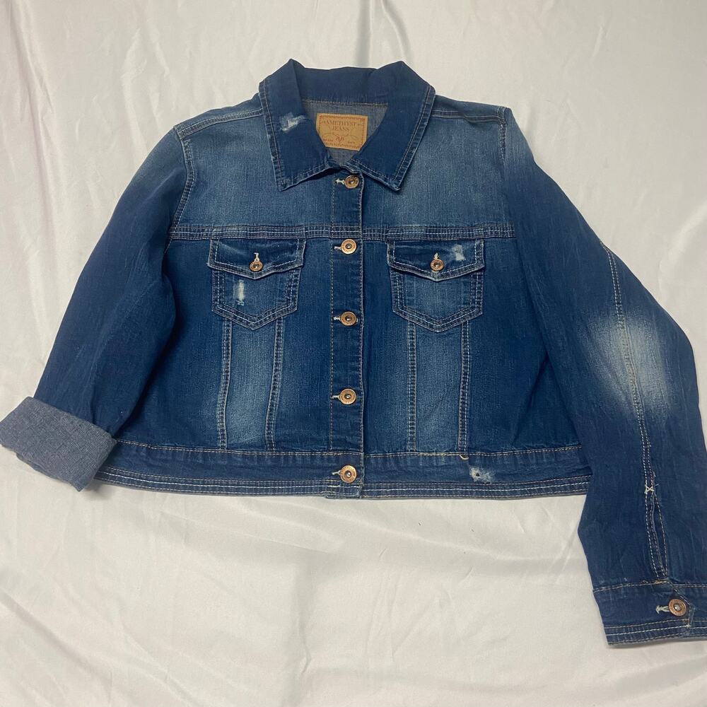 Amethyst Jeans Jacket Distressed Cropped Denim Size 2x Cottage Core Retro 90's